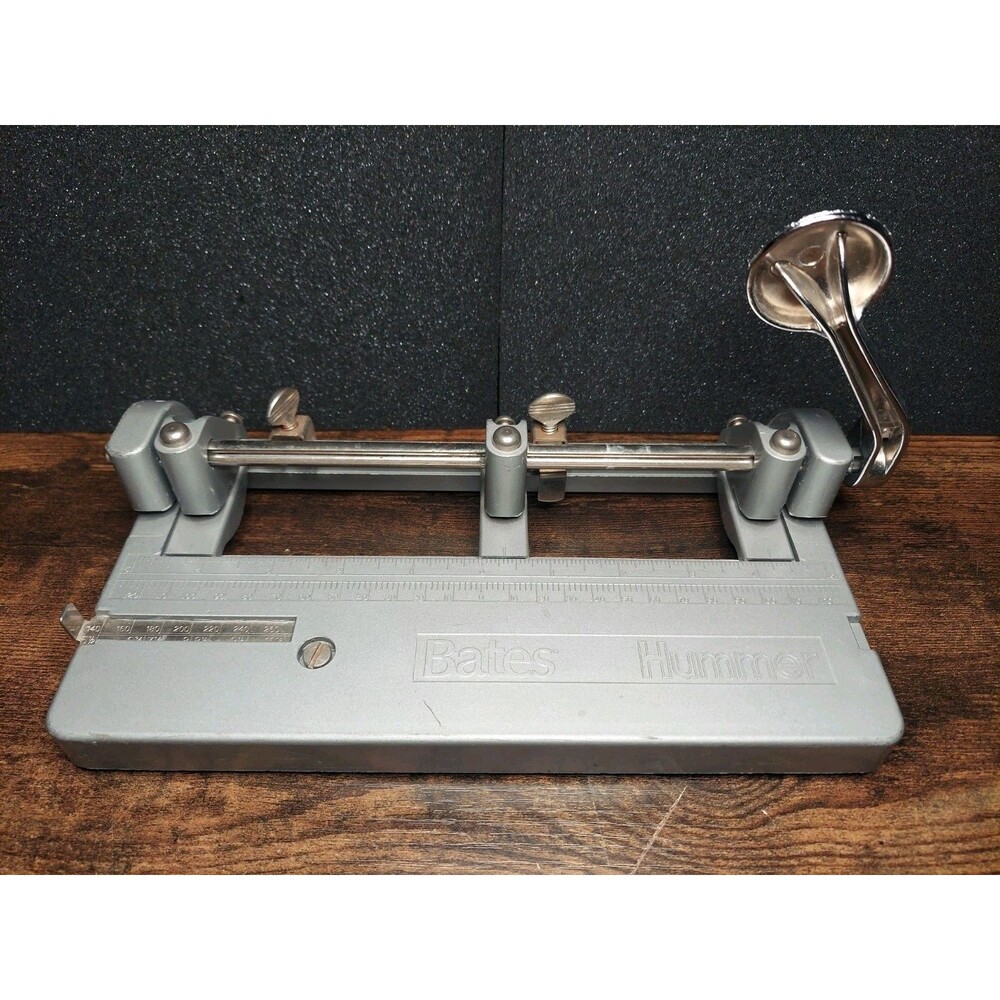 Bates Hummer Metal Adjustable 3-Hole Paper Punch with Ruler Guide